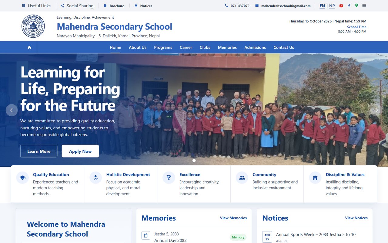 Mahendra Secondary School - School Website & Management System